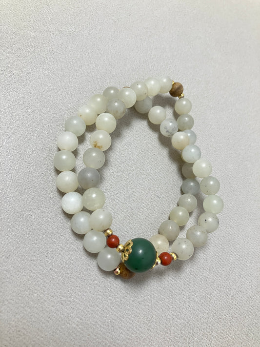 Natural Nephrite Jade Bracelet   天然和田碧玉暖白籽料兩圈手鏈 (NBB0130)