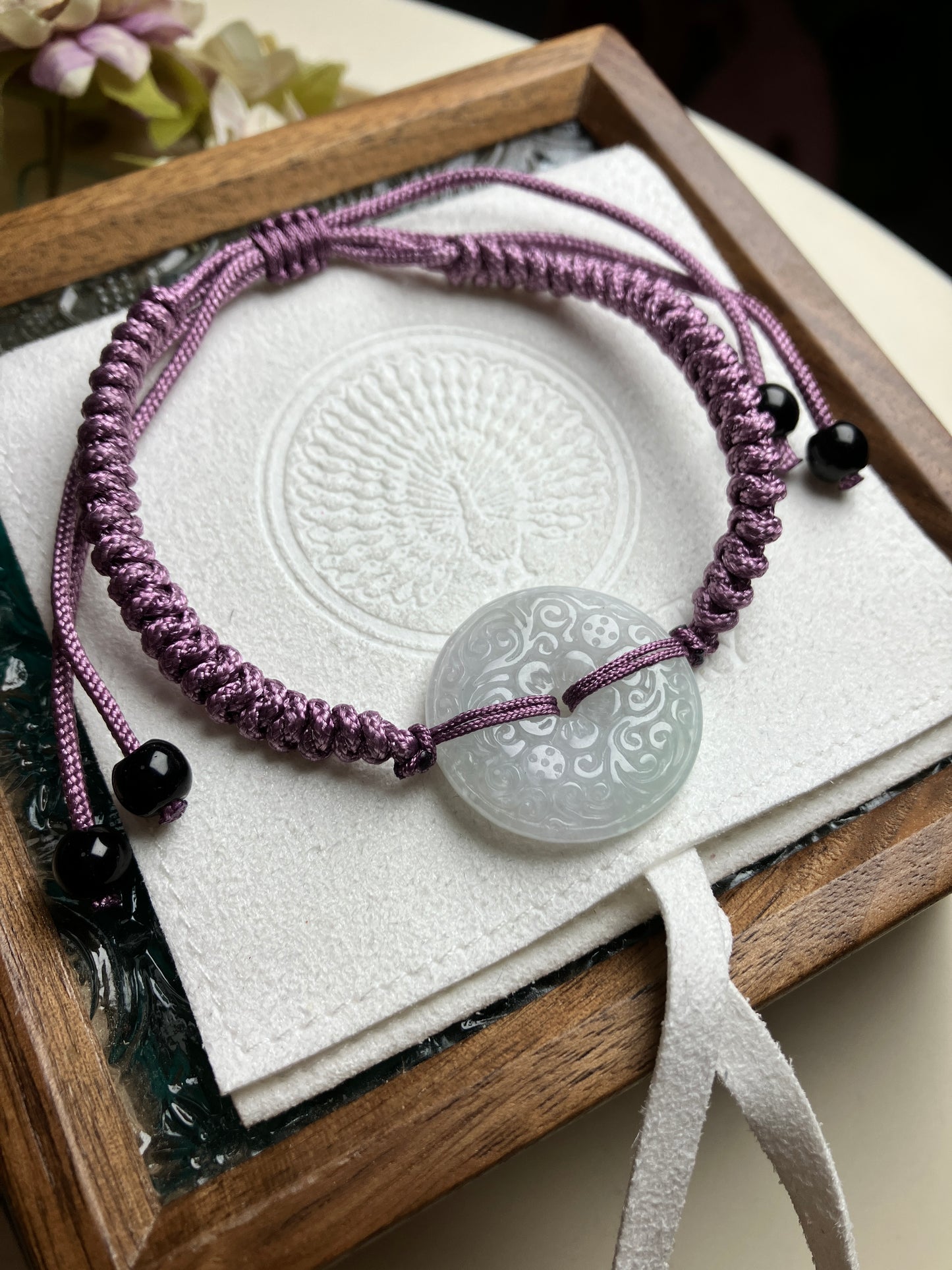 Jadeite Bracelet ｜天然翡翠手繩 雙面雕刻平安扣(JBS00320)