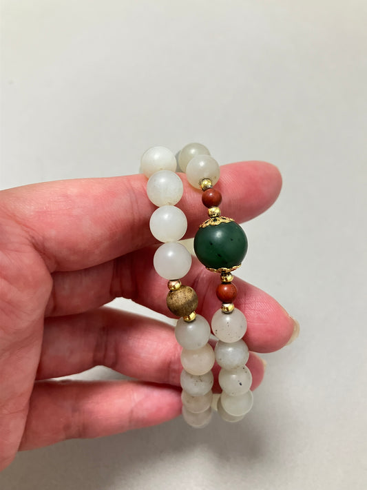 Natural Nephrite Jade Bracelet   天然和田碧玉暖白籽料兩圈手鏈 (NBB0130)