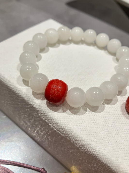 Natural Nephrite Jade & Cinnabar Bracelet｜天然和田玉 天然硃砂手鏈